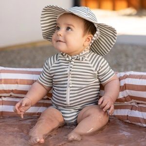 Quincy Mae Sea Green Stripe Boys Rashguard Swim + Sun Hat